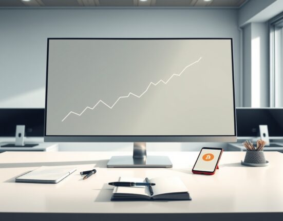 Financial trading desk monitor showing an upward trending Bitcoin ETF investment chart.