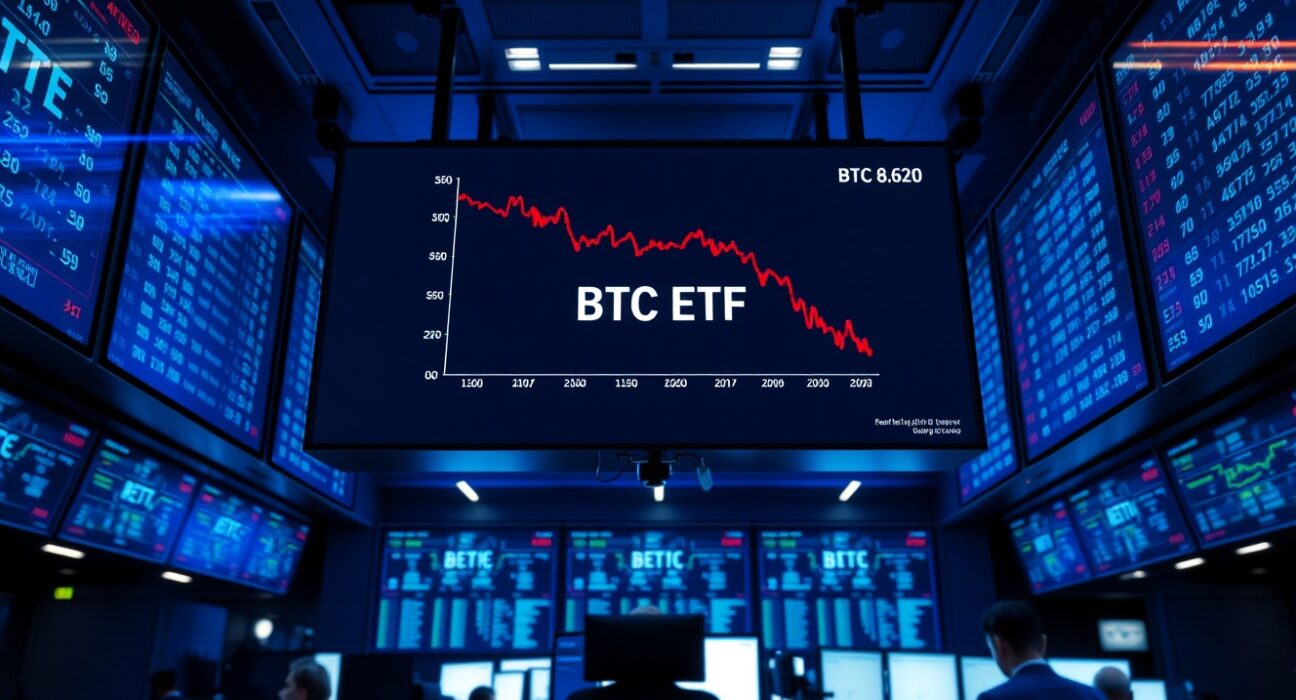 Digital trading screens displaying Bitcoin ETF data with red downward trend on a modern trading floor