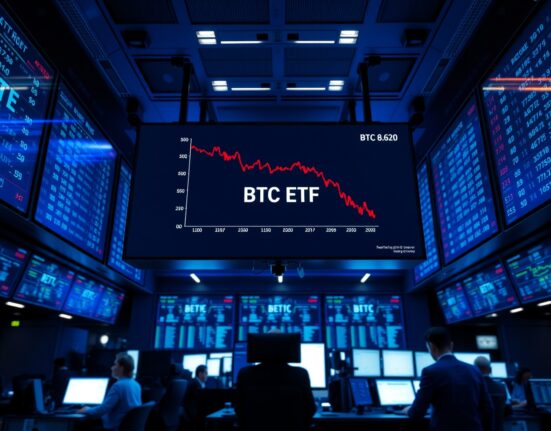 Digital trading screens displaying Bitcoin ETF data with red downward trend on a modern trading floor