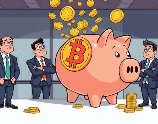 Cartoon illustration of Bitcoin spot ETFs experiencing significant capital outflow from institutional investors