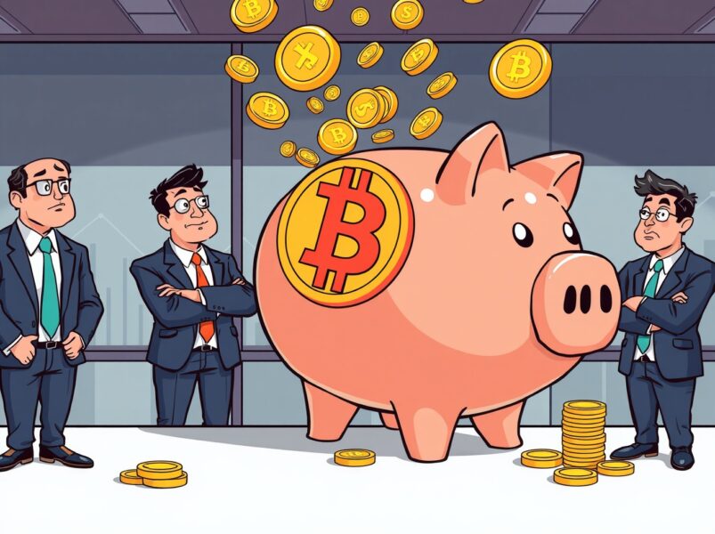 Cartoon illustration of Bitcoin spot ETFs experiencing significant capital outflow from institutional investors