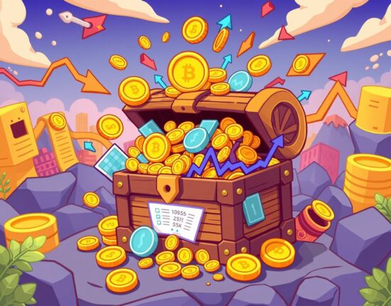 Bitcoin spot ETFs depicted as a vibrant treasure chest losing digital coins in a cartoon financial landscape