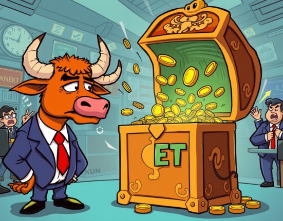 Cartoon illustration showing Bitcoin spot ETFs experiencing significant capital outflows as coins drain from a treasure chest.