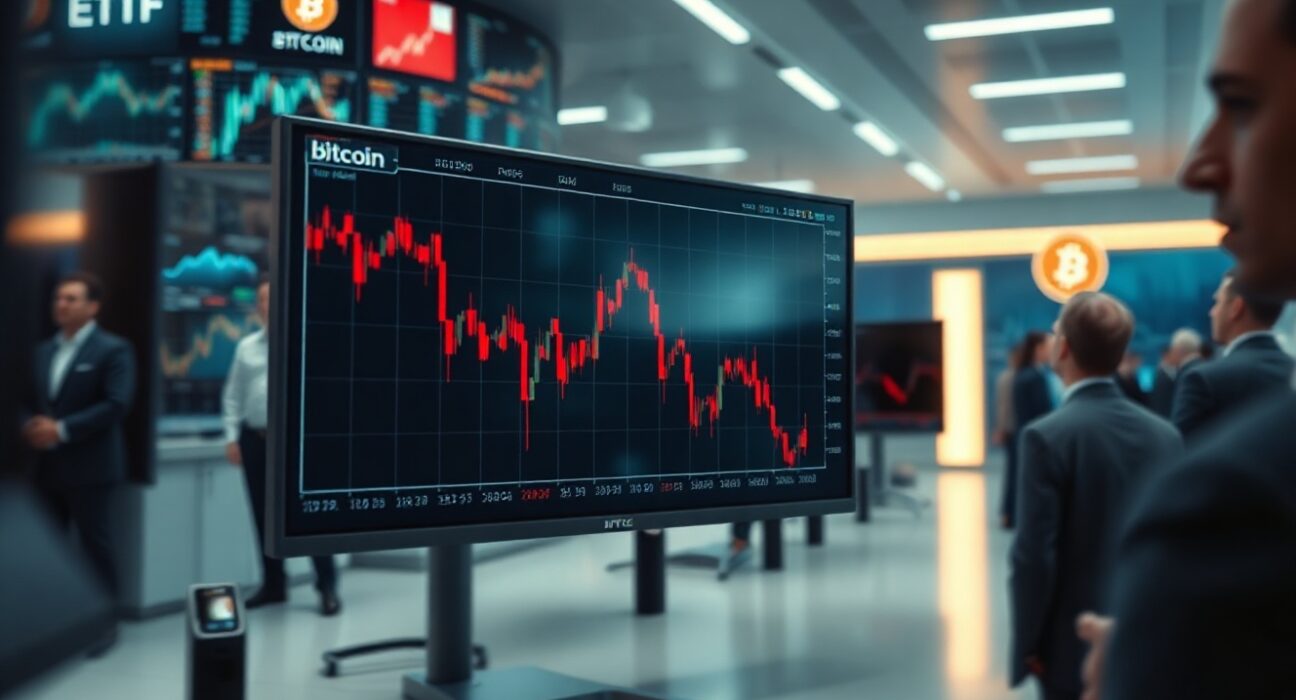 Financial trading monitors showing Bitcoin ETF outflows data with red candlestick chart