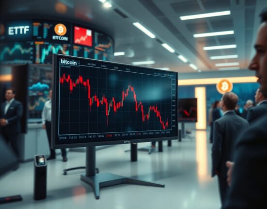 Financial trading monitors showing Bitcoin ETF outflows data with red candlestick chart