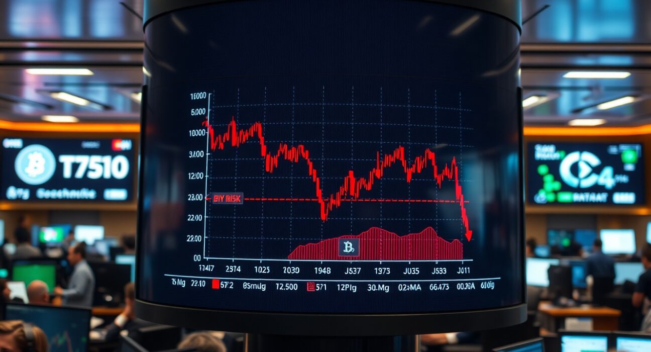 Trading floor display showing Bitcoin price chart with high-risk indicator