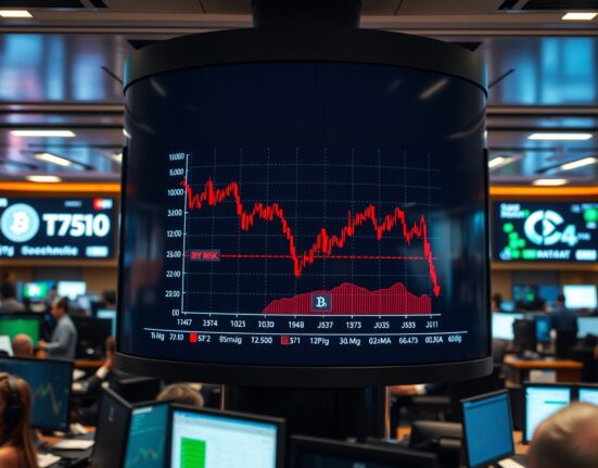 Trading floor display showing Bitcoin price chart with high-risk indicator