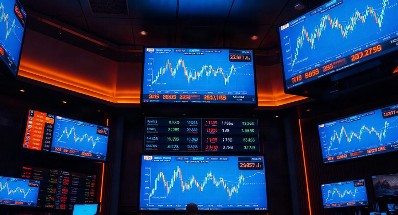 Cryptocurrency trading screens showing market charts and volume data