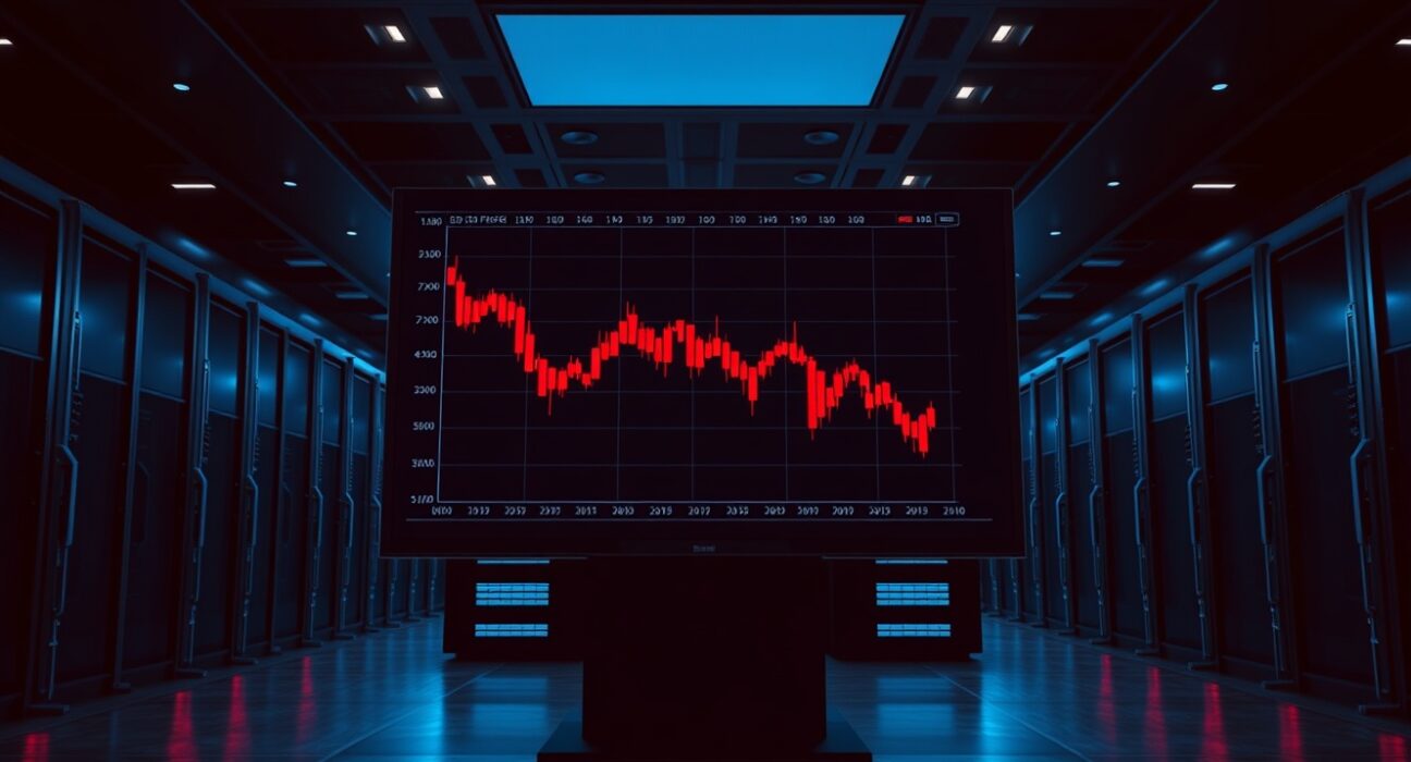 Bitcoin price chart showing a steep decline in trading volume on a professional trading monitor