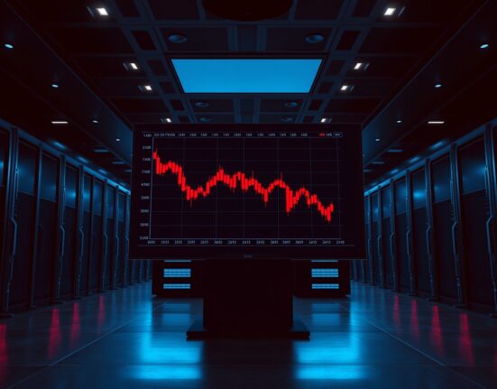 Bitcoin price chart showing a steep decline in trading volume on a professional trading monitor