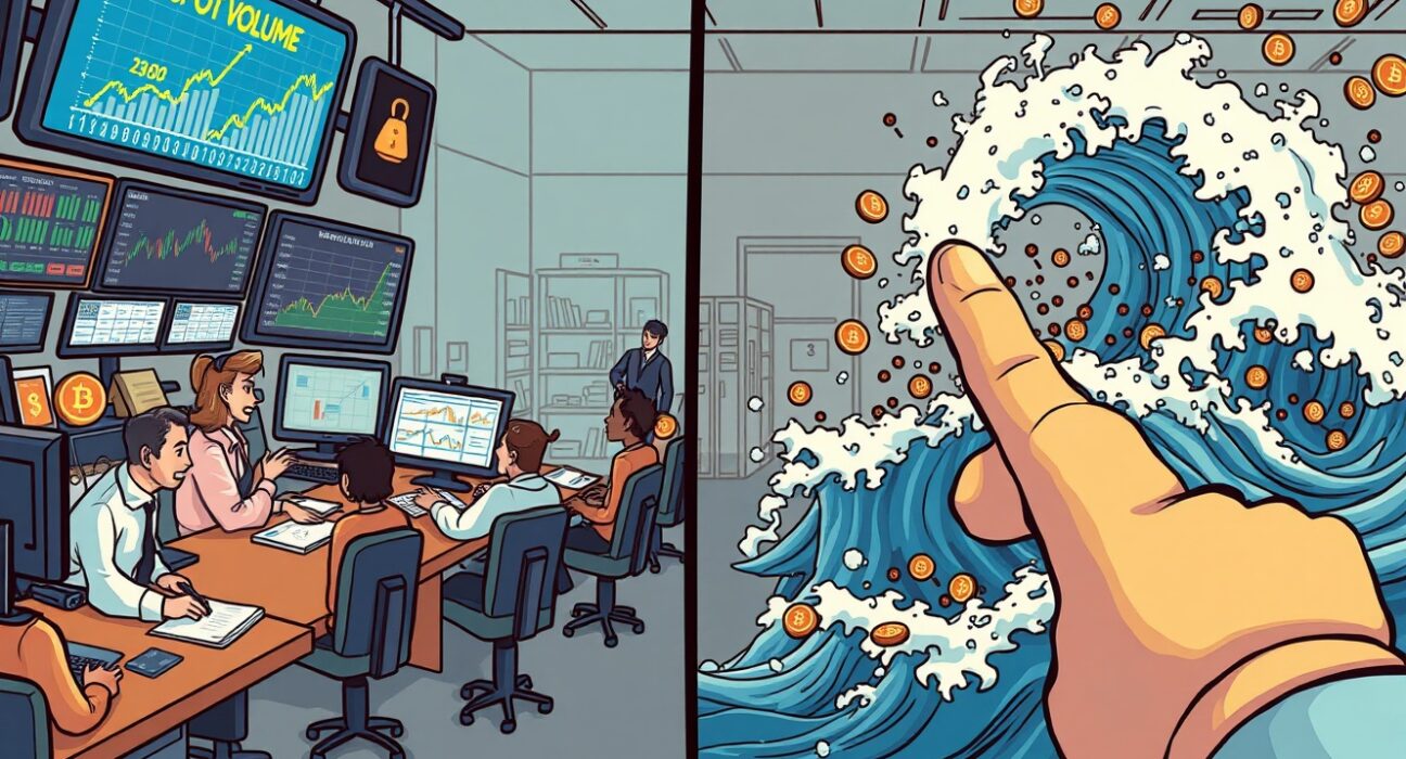 Cartoon showing traders shifting to the stable Bitcoin spot volume market after a wave of liquidations, indicating healthier demand.