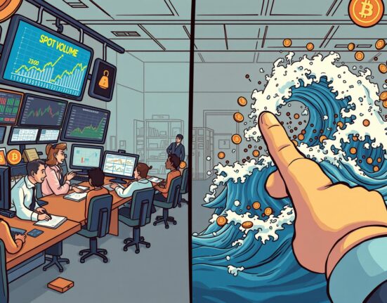 Cartoon showing traders shifting to the stable Bitcoin spot volume market after a wave of liquidations, indicating healthier demand.