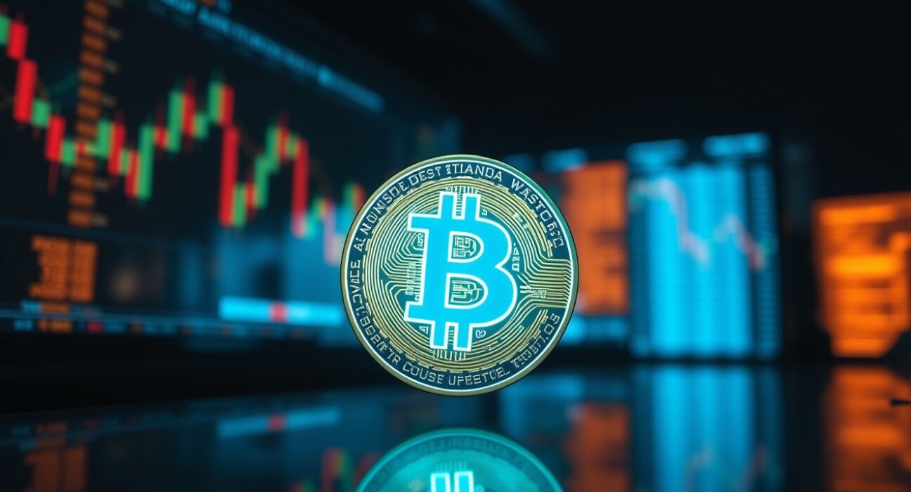 Bitcoin coin on a reflective surface with blurred trading charts in the background, representing market analysis and price stabilization.