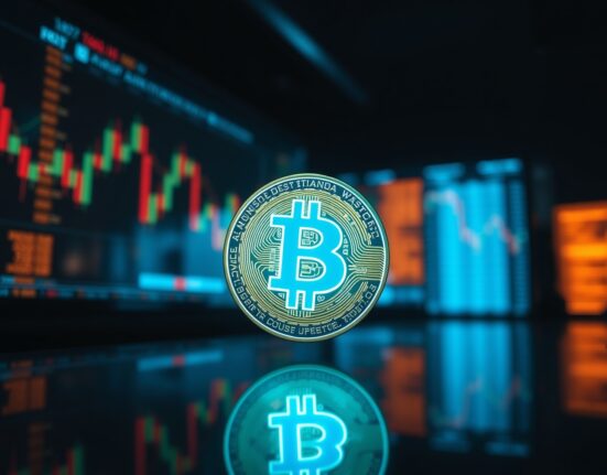 Bitcoin coin on a reflective surface with blurred trading charts in the background, representing market analysis and price stabilization.