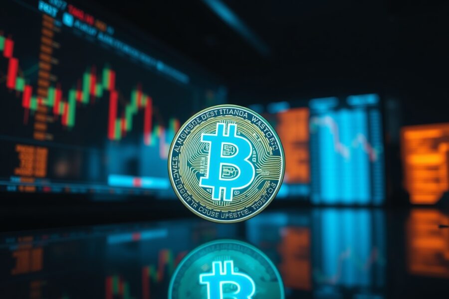 Bitcoin coin on a reflective surface with blurred trading charts in the background, representing market analysis and price stabilization.
