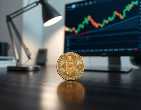 Bitcoin coin on desk with financial charts on a monitor in the background, representing market analysis and stabilization.