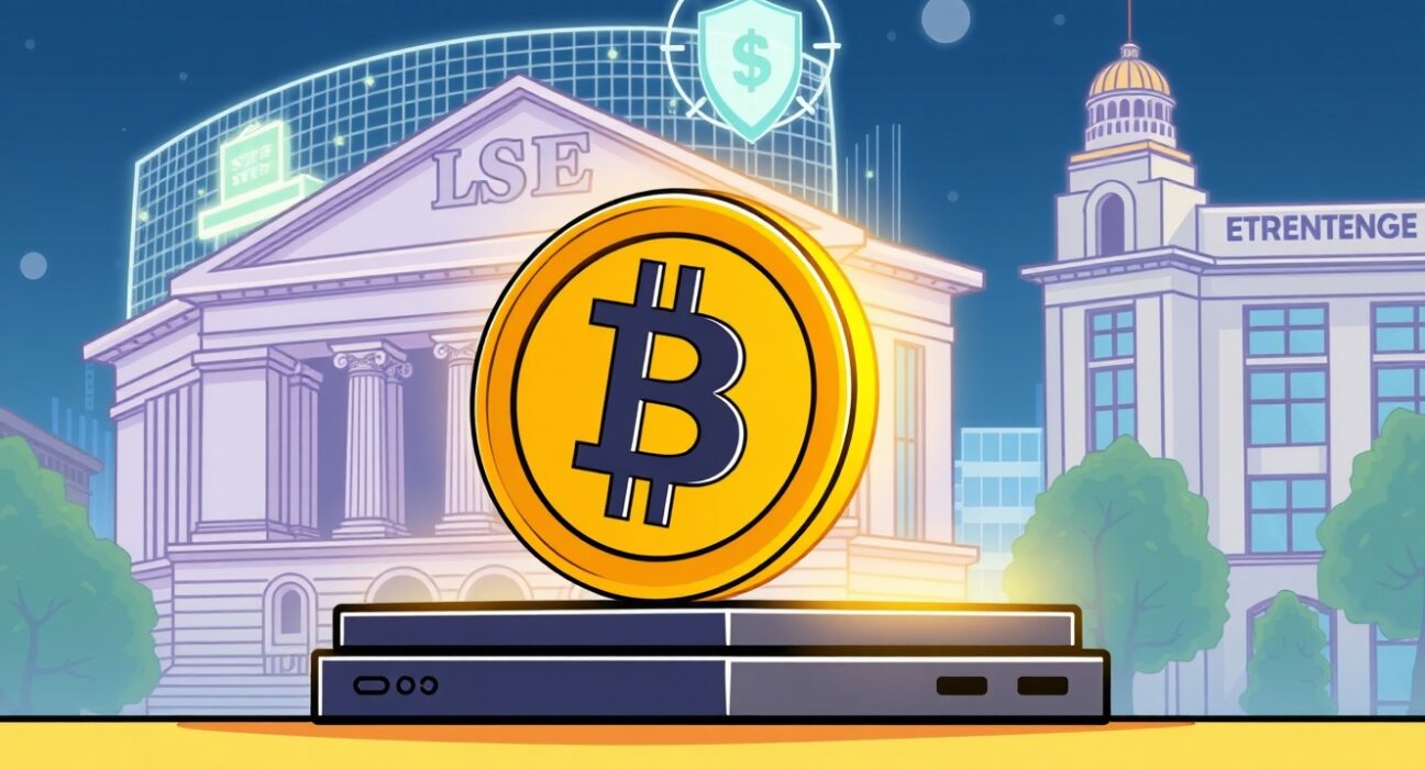 An illustration symbolizing the secure and innovative investment opportunities provided by a Bitcoin staking ETP on a major stock exchange.