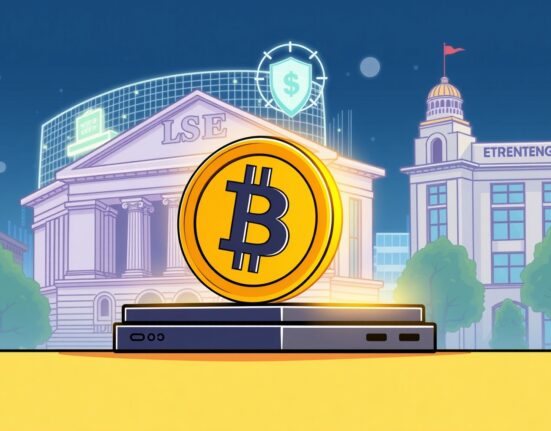 Illustration of a secure Bitcoin staking ETP on a stock exchange, symbolizing professional crypto investment and yield generation.