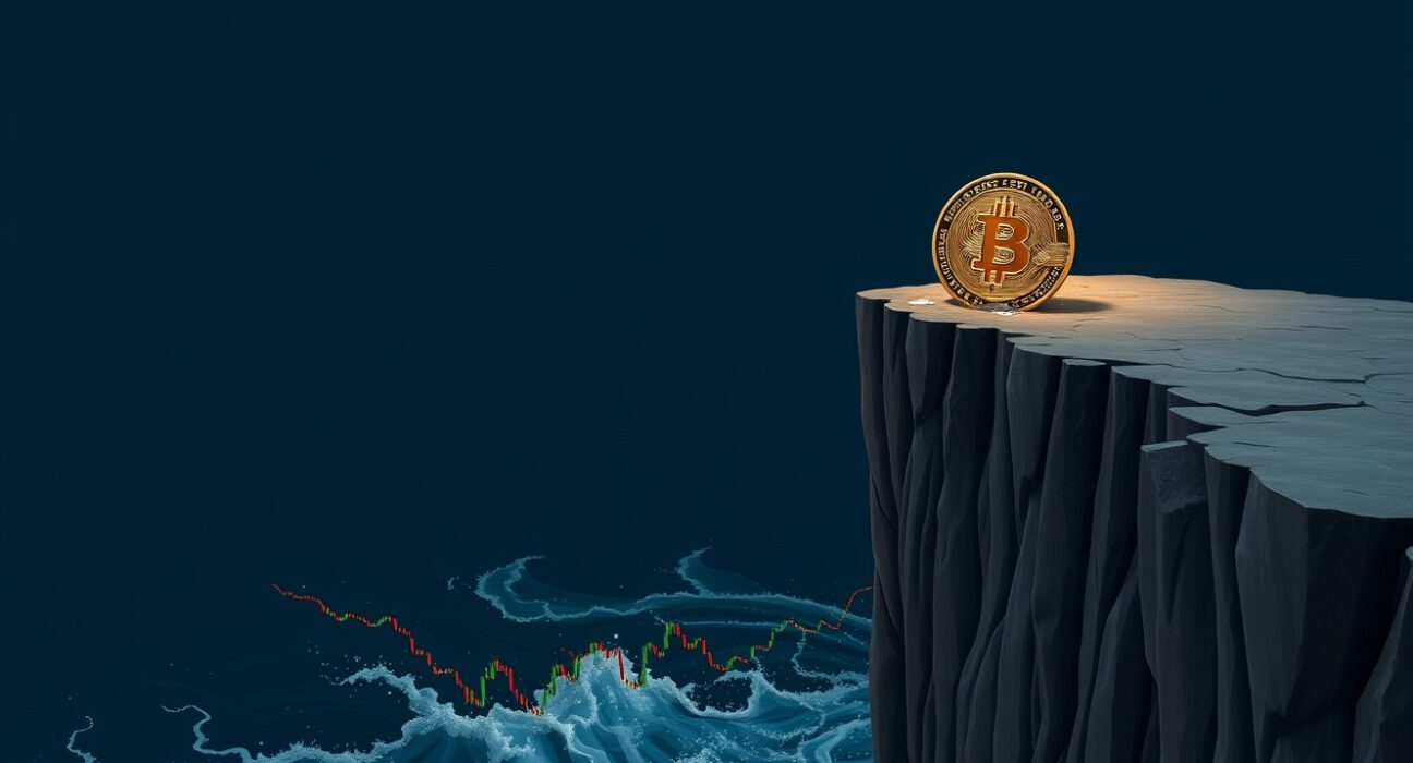 Bitcoin stalls at $80K as recent buyers sell at breakeven point, showing a cracked Bitcoin coin on a cliff edge above digital candlesticks.