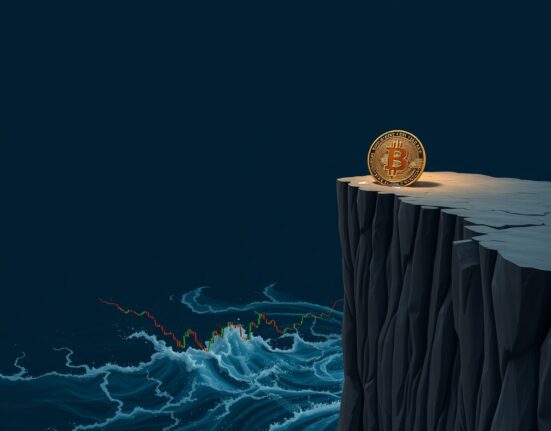 Bitcoin stalls at $80K as recent buyers sell at breakeven point, showing a cracked Bitcoin coin on a cliff edge above digital candlesticks.