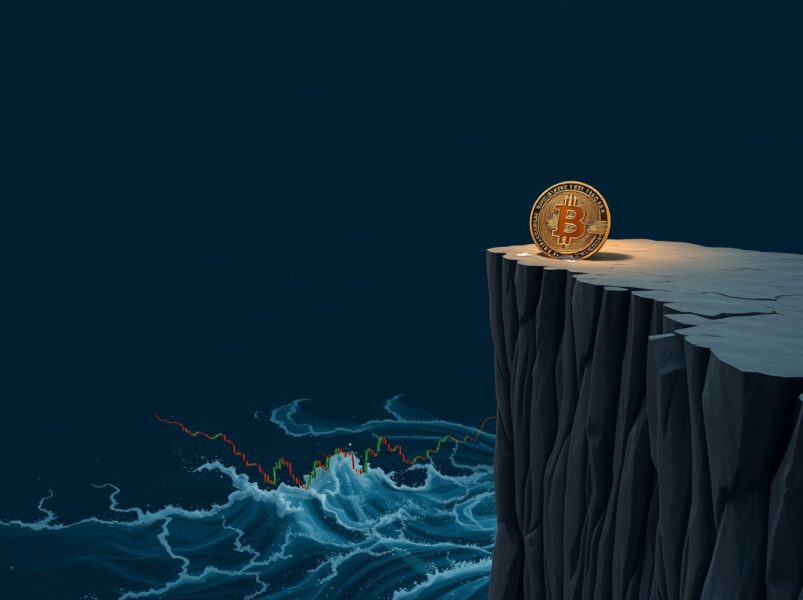 Bitcoin stalls at $80K as recent buyers sell at breakeven point, showing a cracked Bitcoin coin on a cliff edge above digital candlesticks.