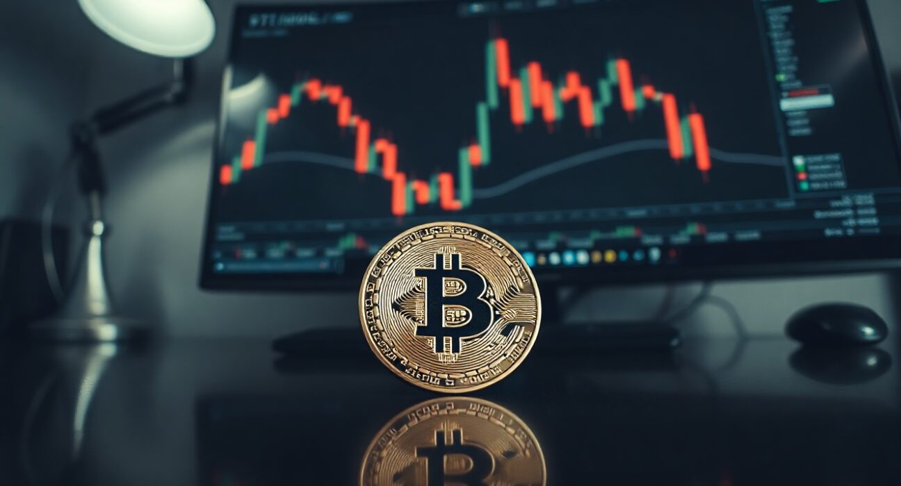 Bitcoin coin in front of a monitor showing a declining price chart, illustrating weak spot demand.