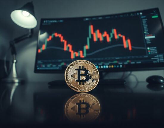 Bitcoin coin in front of a monitor showing a declining price chart, illustrating weak spot demand.
