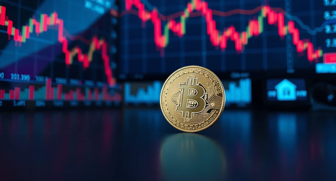 Bitcoin token on a trading desk with a downward chart on monitors, indicating market pressure.