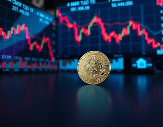 Bitcoin token on a trading desk with a downward chart on monitors, indicating market pressure.