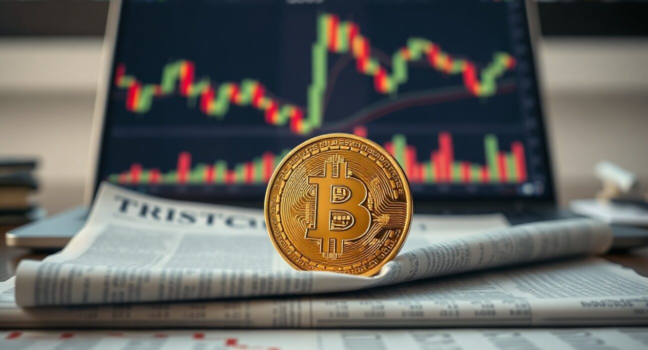 Bitcoin coin on a desk with financial charts in the background, representing market divergence.