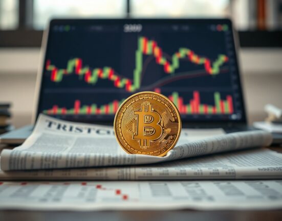 Bitcoin coin on a desk with financial charts in the background, representing market divergence.