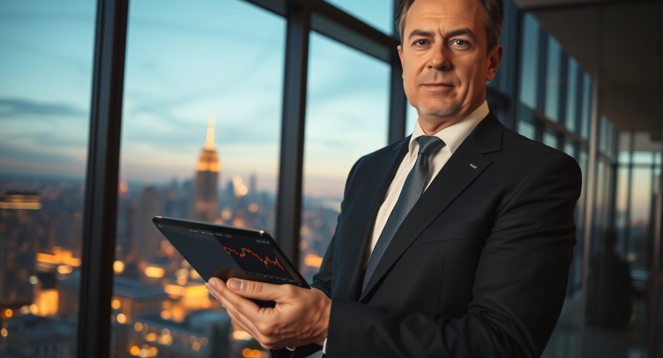 CIO Sean Bill standing in a modern office with a tablet showing Bitcoin charts, representing BSTR's aggressive BTC strategy.