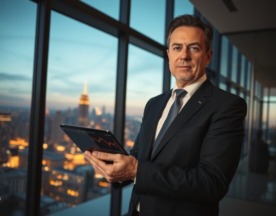 CIO Sean Bill standing in a modern office with a tablet showing Bitcoin charts, representing BSTR's aggressive BTC strategy.