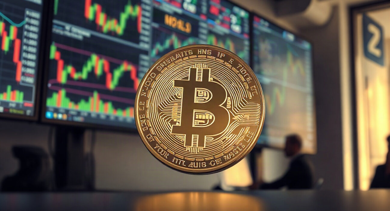 Bitcoin coin in foreground with blurred trading charts on monitors in background