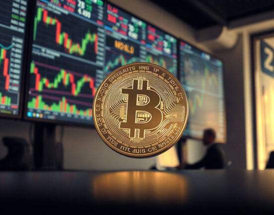 Bitcoin coin in foreground with blurred trading charts on monitors in background
