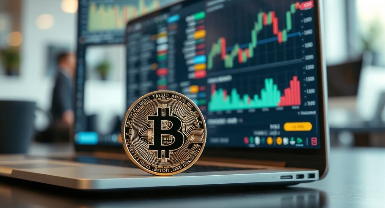 Bitcoin coin on a desk with a laptop showing financial charts, representing crypto market analysis