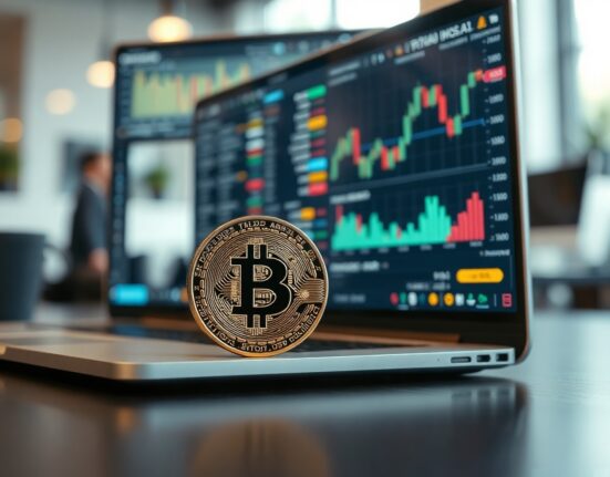 Bitcoin coin on a desk with a laptop showing financial charts, representing crypto market analysis