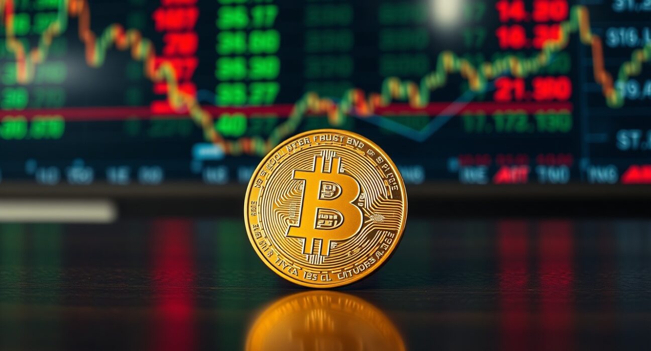 Bitcoin coin on a dark surface with a blurred stock market board in the background