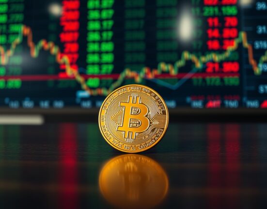 Bitcoin coin on a dark surface with a blurred stock market board in the background