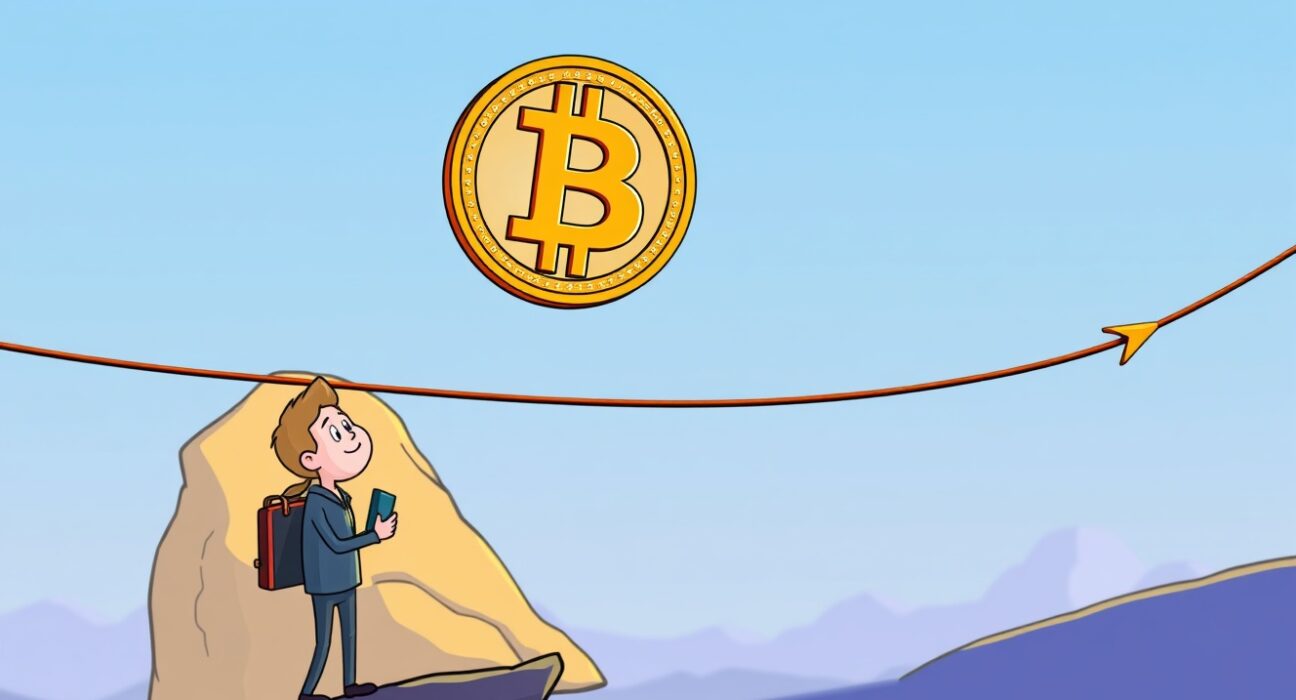A balanced Bitcoin symbol on a tightrope, illustrating the current holding pattern and low long-term investor selling pressure.