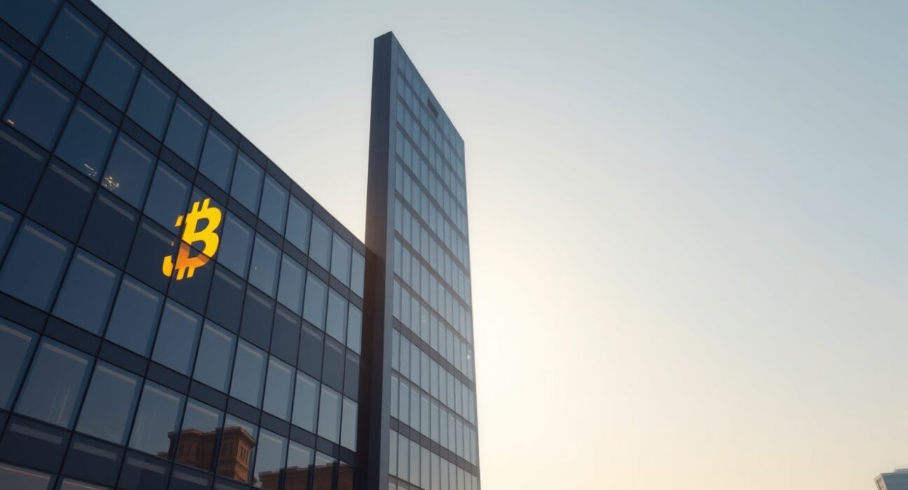 Corporate office building with Bitcoin symbol reflection, representing Strategy's BTC sale and stable market reaction