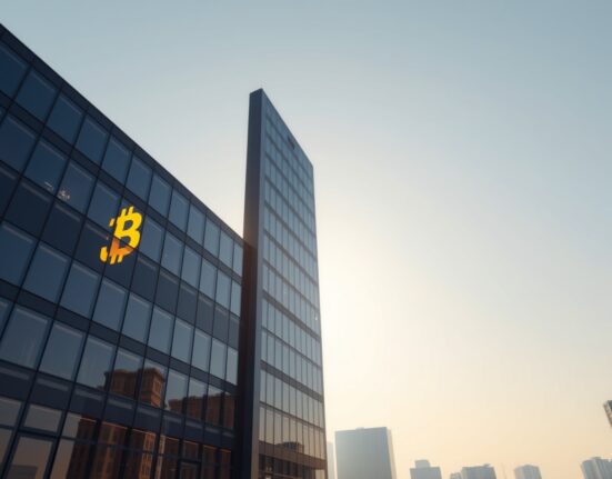 Corporate office building with Bitcoin symbol reflection, representing Strategy's BTC sale and stable market reaction