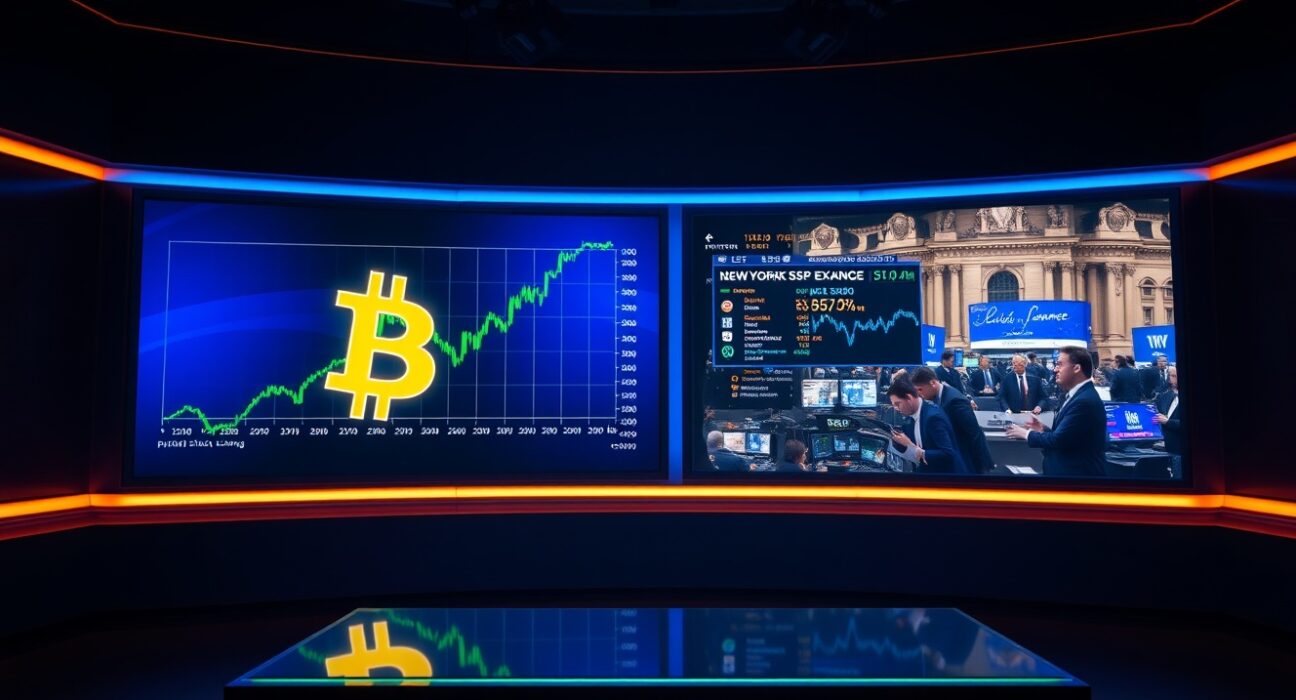 Bitcoin and US stock market correlation graph displayed on dual screens in a financial news studio