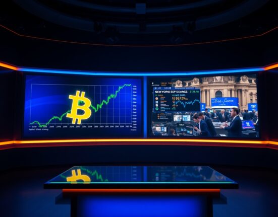 Bitcoin and US stock market correlation graph displayed on dual screens in a financial news studio