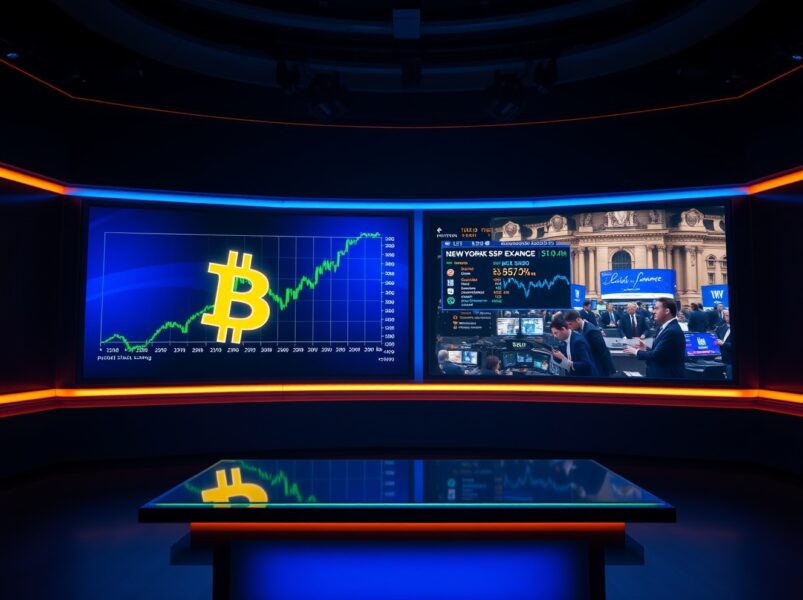 Bitcoin and US stock market correlation graph displayed on dual screens in a financial news studio