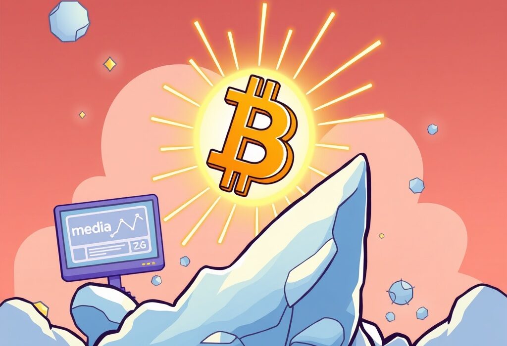 Cartoon showing a Bitcoin symbol rising dramatically, representing Trump Media's phenomenal asset growth driven by its bold Bitcoin strategy.