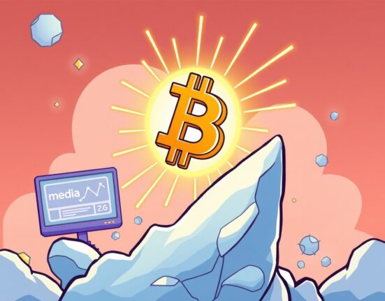 Cartoon showing a Bitcoin symbol rising dramatically, representing Trump Media's phenomenal asset growth driven by its bold Bitcoin strategy.