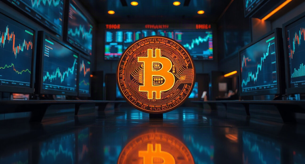 Bitcoin coin on a trading floor with monitors showing price charts