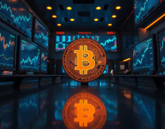 Bitcoin coin on a trading floor with monitors showing price charts