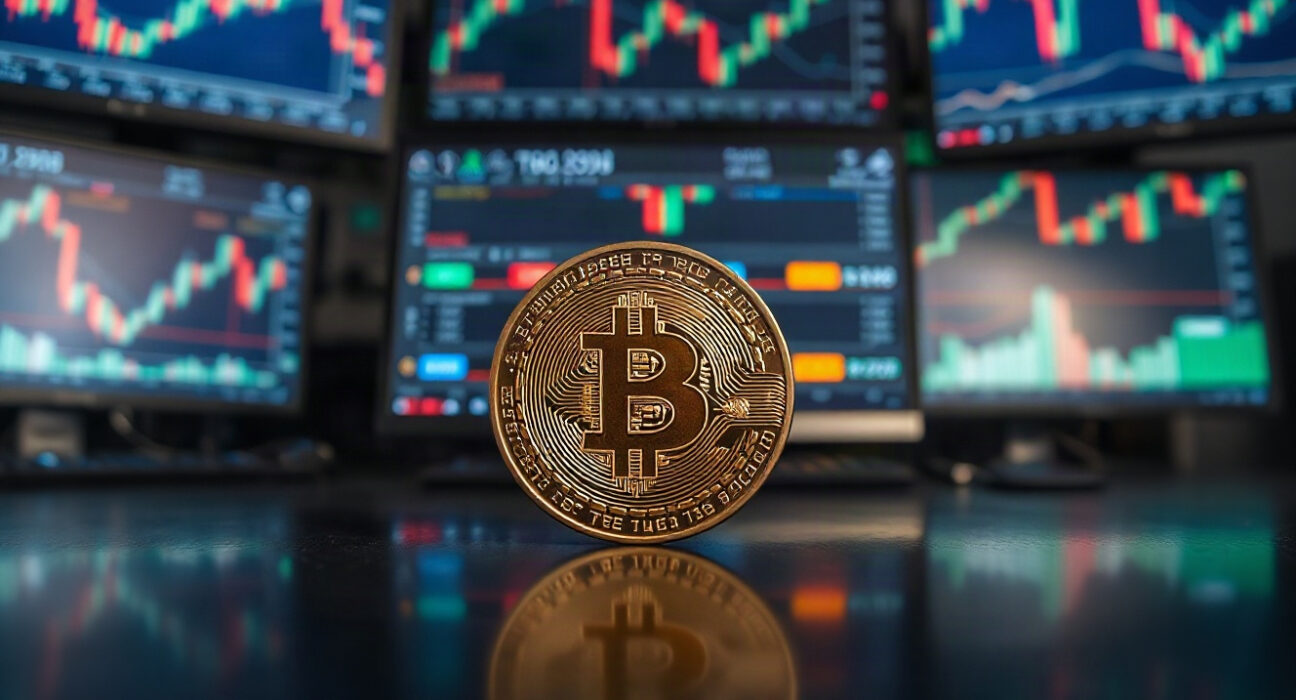 A Bitcoin coin on a reflective surface with a blurred financial trading desk in the background